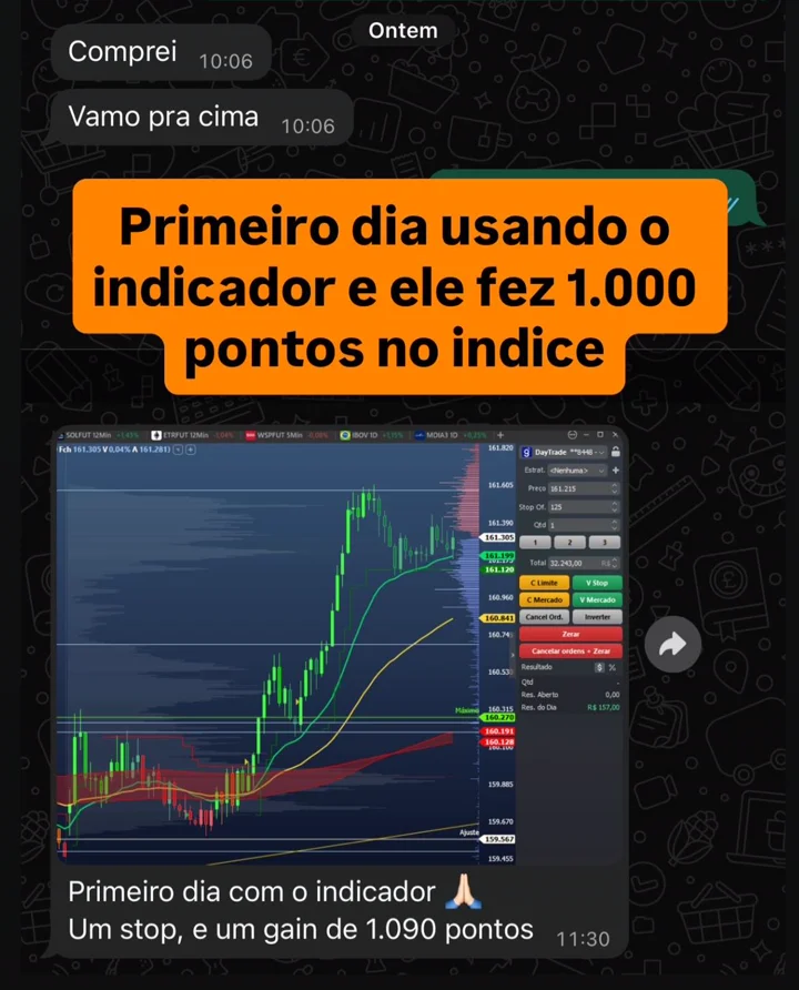 Conversa no WhatsApp: cliente conta que comprou o IFR Turbinado e, no primeiro dia com o indicador, teve um stop e um gain de 1.090 pontos no índice, com print do gráfico